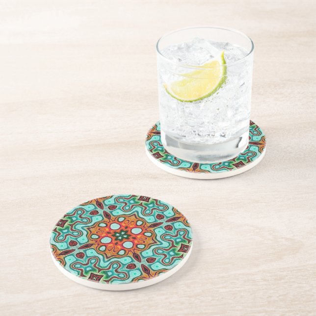 Aqua Turquoise Blue Orange Red Brown Bohemian Art Coaster (Side)