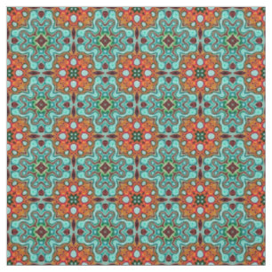 Aqua Turquoise Blue Orange Red Brown Orient Art Fabric