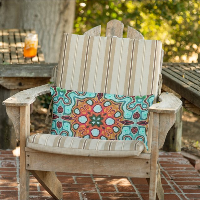 Aqua Turquoise Blue Orange Red Brown Tribal Art Lumbar Pillow (Chair)