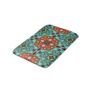 Aqua Turquoise Blue Orange Red Brown Tribe Art Bath Mat