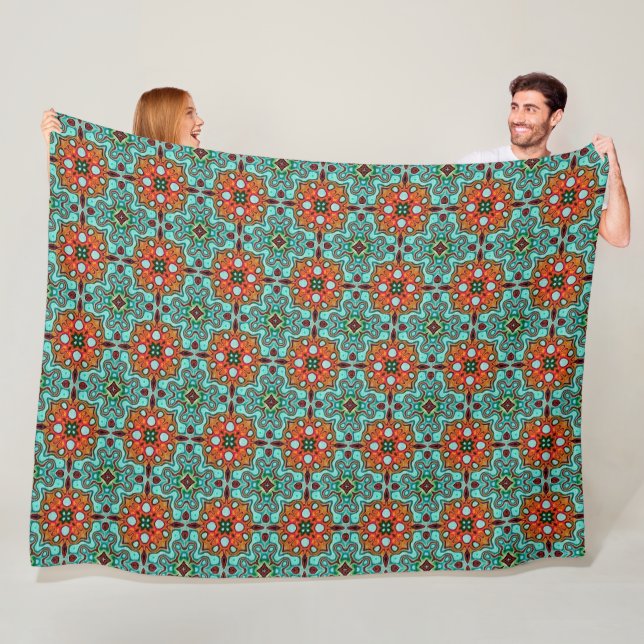 Aqua Turquoise Blue Orange Red Brown Tribe Art Fleece Blanket (In Situ)