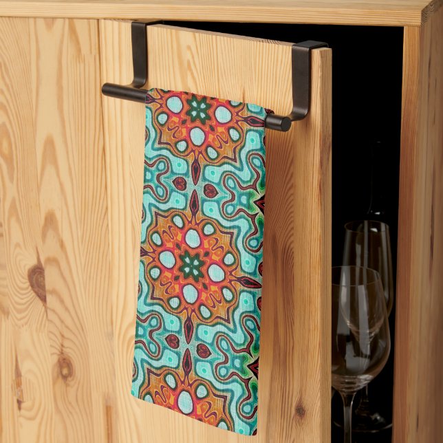 Aqua Turquoise Blue Orange Red Brown Tribe Art Kitchen Towel (Thirds Fold)