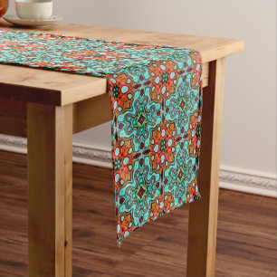 Aqua Turquoise Blue Orange Red Brown Tribe Art Medium Table Runner