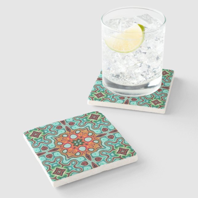Aqua Turquoise Blue Orange Red Brown Tribe Art Stone Coaster (Side)