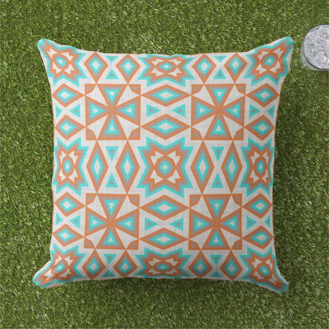 Aqua Turquoise Blue Orange White Tribal Art Outdoor Pillow (Grass)