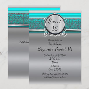 Aqua Turquoise Blue & Silver Sweet 16 Invitations