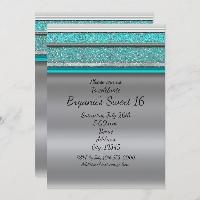 Aqua Turquoise Blue & Silver Sweet 16 Invitations (Devant / Derrière)