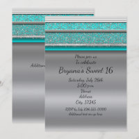 Aqua Turquoise Blue & Silver Sweet 16 Invitations