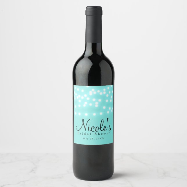 Aqua Turquoise Blue String Lights Elegant Wine Label (Front)