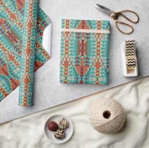 Aqua Turquoise Burnt Orange Taupe Brown Mosaic Art Wrapping Paper