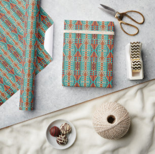 Aqua Turquoise Burnt Orange Taupe Brown Mosaic Art Wrapping Paper