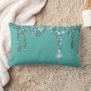Aqua Turquoise Dripping Glitter Lumbar Pillow