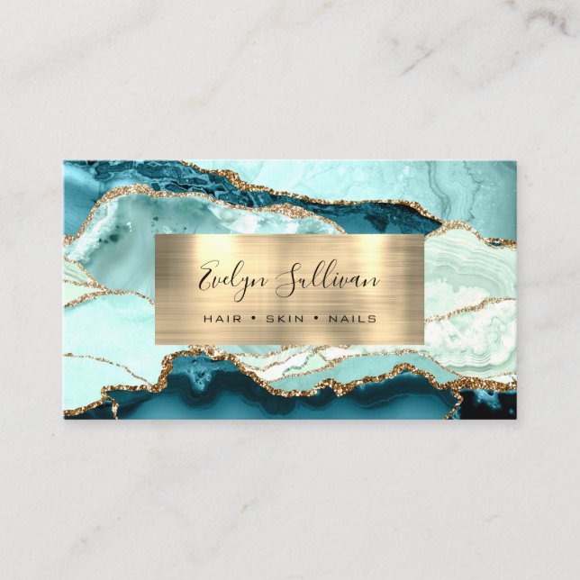 Aqua Turquoise et Gold Agate Carte de visite (Devant)