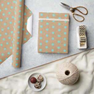 Aqua Turquoise Green Polka Dots Faux Brown Kraft Wrapping Paper