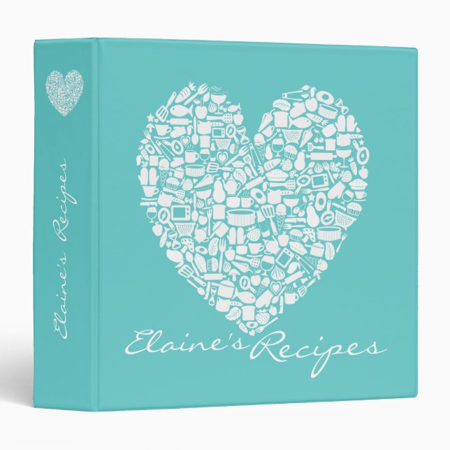 Aqua Turquoise Heart Recipe Custom Name Binder (Front/Spine)