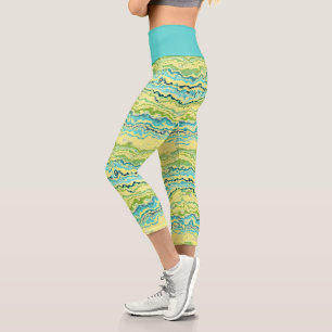 Aqua Turquoise Lime Green Minerals Agate Pattern Capri Leggings