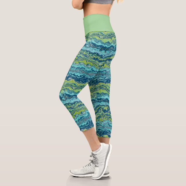 Aqua Turquoise Lime Green Minerals Agate Pattern Capri Leggings (Left)