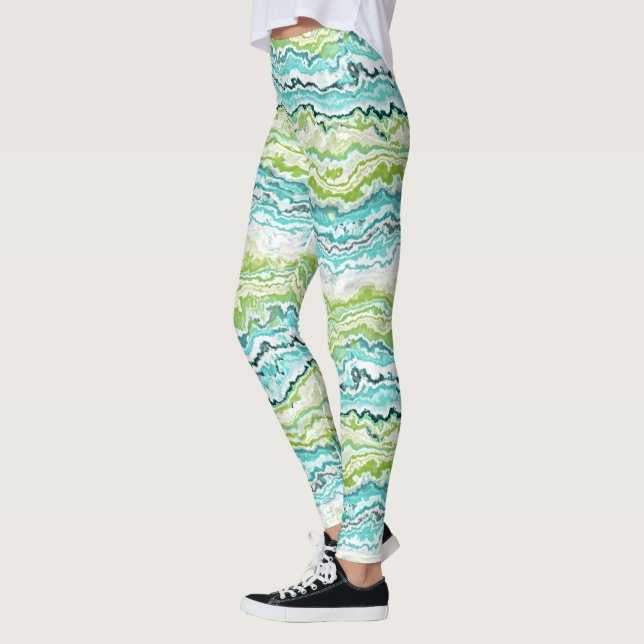Aqua Turquoise Lime Green Minerals Agate Pattern Leggings (Left)