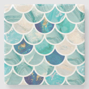 Aqua turquoise marble mermaid fish scales stone coaster