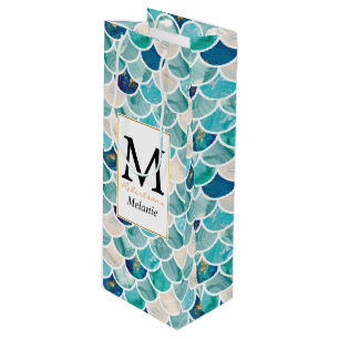 Aqua turquoise marble mermaid fish scales wine gift bag