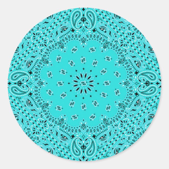 Aqua Turquoise Paisley Western Bandana Scarf Print Classic Round Sticker (Front)