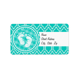 Aqua Turquoise Retro Baby Feet Baby Shower Label