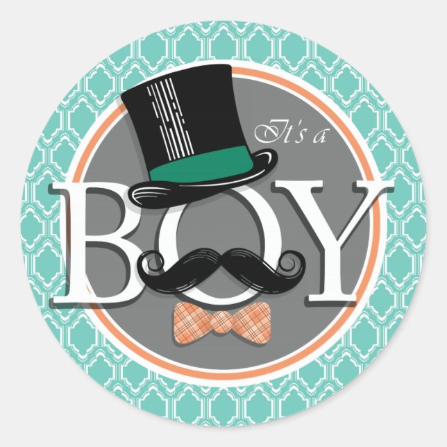Aqua Turquoise Retro Funny Boy Baby Shower Classic Round Sticker (Front)