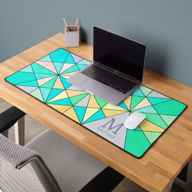 Aqua turquoise rétro Mosaic Triangle Motif Monogra (Bureau 2)