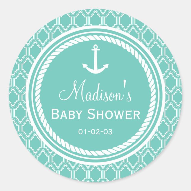 Aqua Turquoise Retro Nautical Anchor Baby Shower Classic Round Sticker (Front)