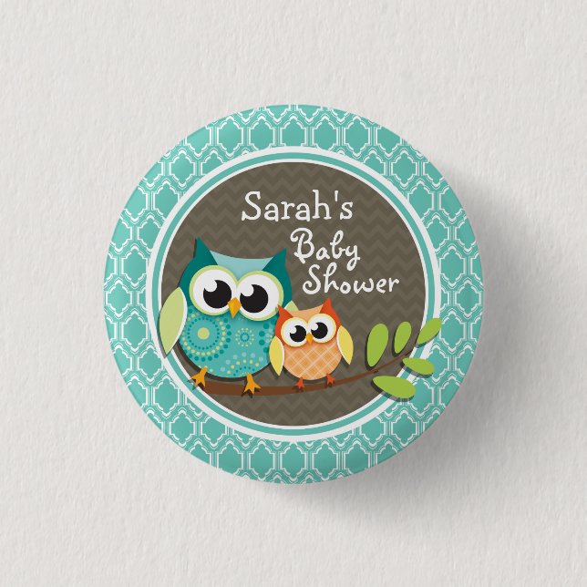 Aqua Turquoise Retro Owls Baby Shower 1 Inch Round Button (Front)