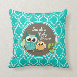 Aqua Turquoise Retro Owls Baby Shower Throw Pillow