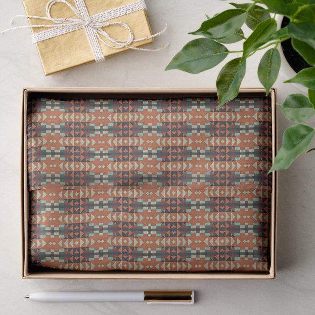 Aqua Turquoise Rust Orange Dark Brown Mosaic Art Tissue Paper (Gift)