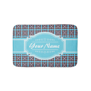 Aqua Turquoise Squares Pattern Personalized Bath Mat