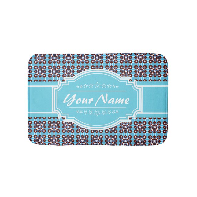 Aqua Turquoise Squares Pattern Personalized Bath Mat (Front)