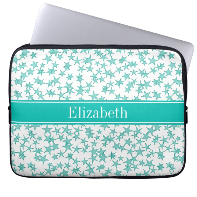 Aqua Turquoise Stars White BG, Teal Name Monogram Laptop Sleeve (Front)