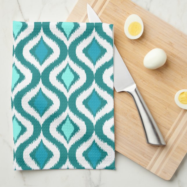 Aqua Turquoise Teal Blue Green Ikat Art Pattern Kitchen Towel (Quarter Fold)