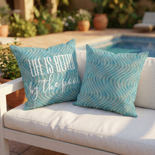 Aqua Turquoise Teal Blue Taupe Curved Lines Art Outdoor Pillow