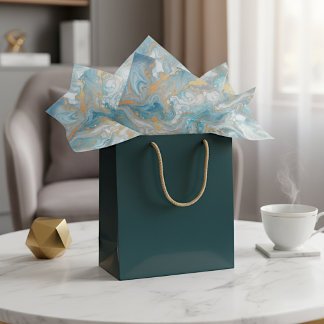Aqua Turquoise Teal Blue White Gold Marble Pattern Tissue Paper