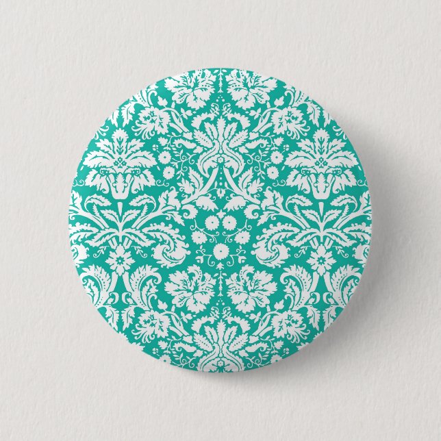 Aqua Turquoise Teal damask pattern 2 Inch Round Button (Front)