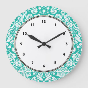 Aqua Turquoise Teal damask pattern Large Clock