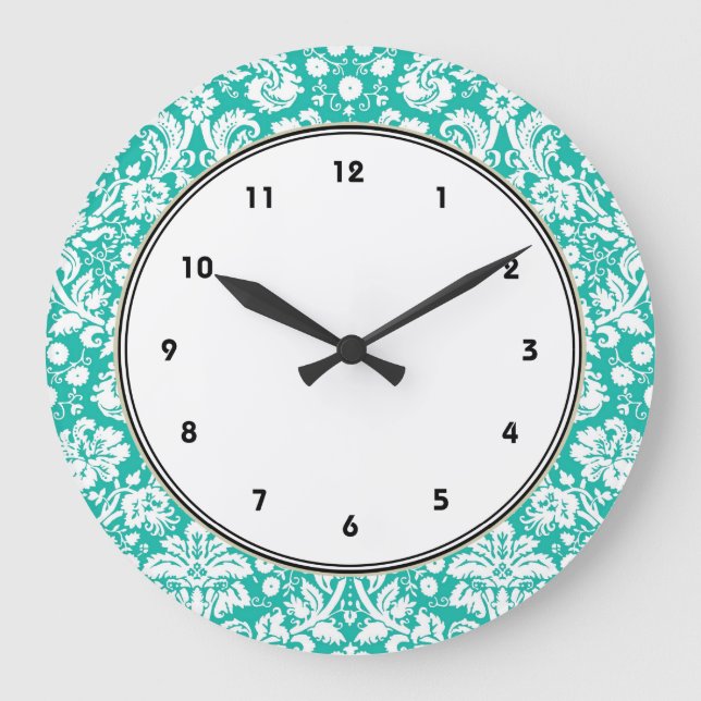 Aqua Turquoise Teal damask pattern Large Clock (Front)
