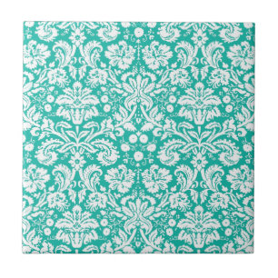 Aqua Turquoise Teal damask pattern Tile
