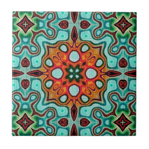 Aqua Turquoise Teal Orange Brown Ethnic Tribe Art Tile