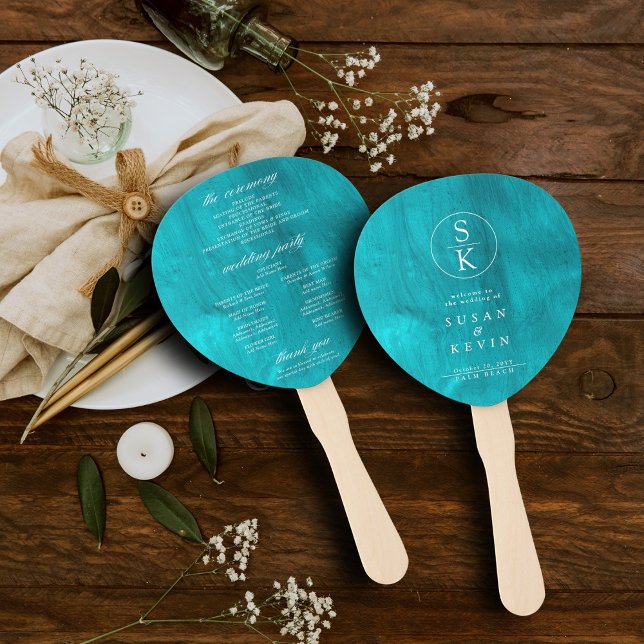 Aqua Turquoise & Teal Watercolor Wedding Program Hand Fan (Creator Uploaded)