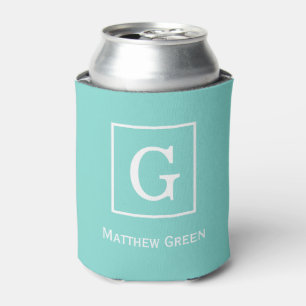 Aqua Turquoise White Framed Initial Monogram Can Cooler