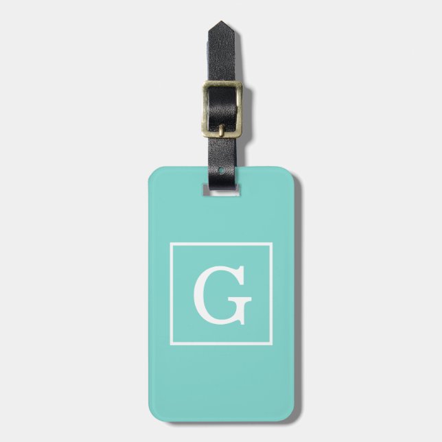 Aqua Turquoise White Framed Initial Monogram Luggage Tag (Front Vertical)
