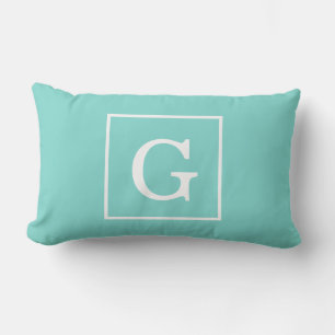 Aqua Turquoise White Framed Initial Monogram Lumbar Pillow