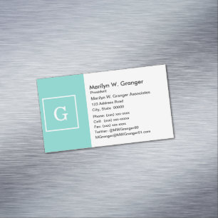 Aqua Turquoise White Framed Initial Monogram Magnetic Business Card