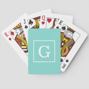 Aqua Turquoise White Framed Initial Monogram Playing Cards