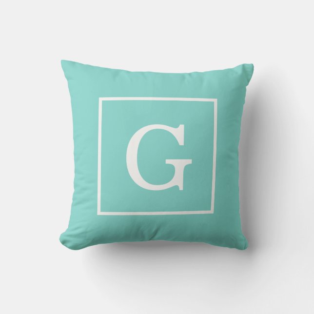 Aqua Turquoise White Framed Initial Monogram Throw Pillow (Front)